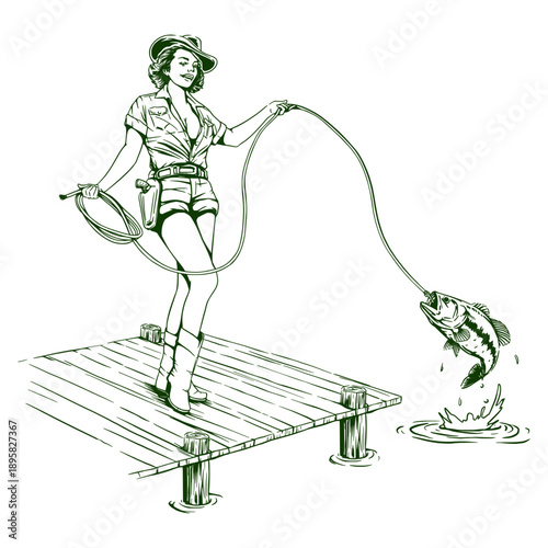 Vintage pin-up girl fishing on a wooden pier, black and white line art illustration