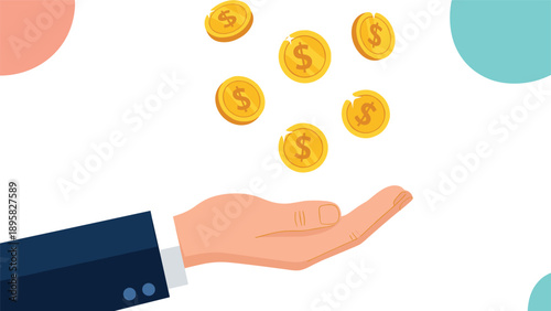 Successful businessman hand catching several falling gold dollar coins representing financial gain or wealth accumulation.