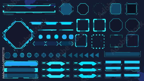 Collection of futuristic user interface elements in a vibrant teal color