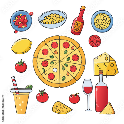 Pizza and Food Ingredients Flat Lay Vector Illustration with Cheese, Tomato, Pasta, and Drinks