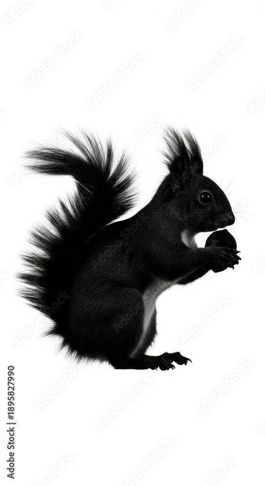 Obraz premium Black squirrel eating a nut in a white background.