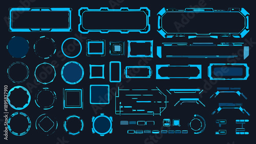 Collection of futuristic glowing blue user interface elements and shapes