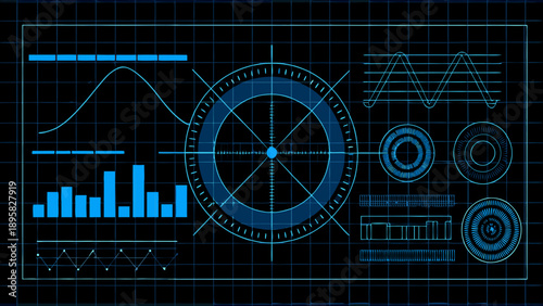 Abstract digital interface displaying data visualizations and technical schematics