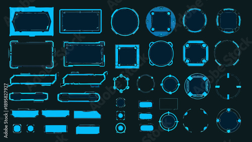 Collection of glowing blue geometric frames and interface elements