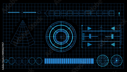 Abstract blue holographic interface with geometric shapes and targeting system