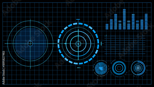 Abstract blue technological interface with radar and data visualization elements