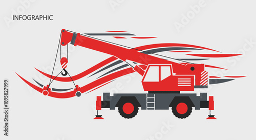 Dynamic Red Mobile Crane Graphic With Swooshing Elements For Construction Industry Infographics