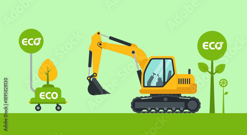 Eco Construction Excavator With Green Industry Symbols Representing Sustainability And Growth