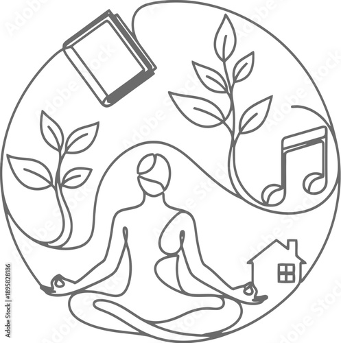 Person meditating in lotus position with nature elements