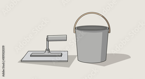 Essential Construction Tools Trowel And Bucket On A Plain Background