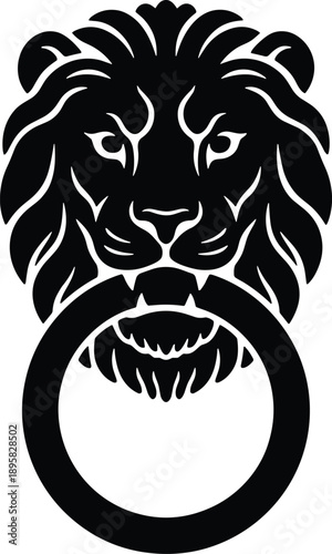 Minimal vector silhouette, antique door knocker shaped like a lion’s head, solid black, isolated on white.