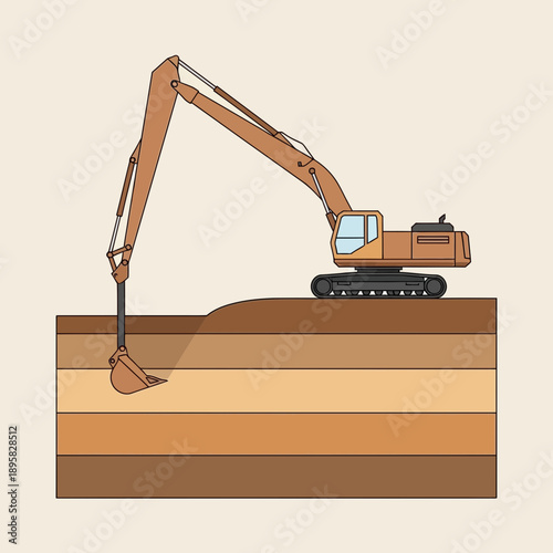 Excavator Digging Deep Into Earth Layers Industrial Construction Equipment Illustration