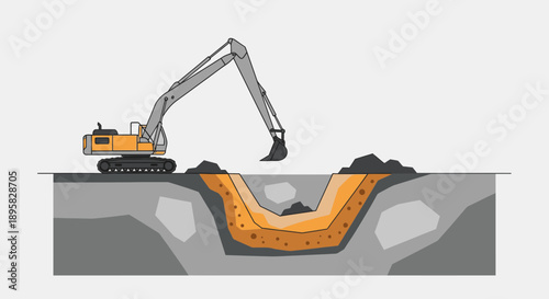 Excavator Digging Earth Layers Geological Strata Foundation Construction