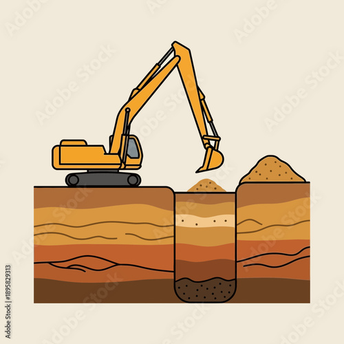 Excavator Digging Soil Layers Construction Project Site Industrial Machinery