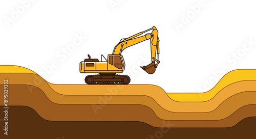 Excavator Digging Through Earth Layers Construction Site