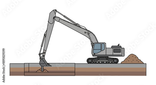Excavator Digging Trench For Underground Pipe Installation Project