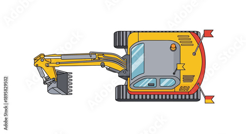 Excavator Machine Construction Vehicle Top View Flat Design Illustration