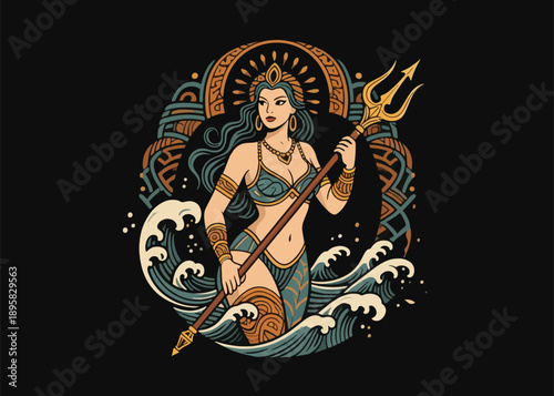 Sea Goddess Carrying Trident Illustrator Artwork Creative Design Template 