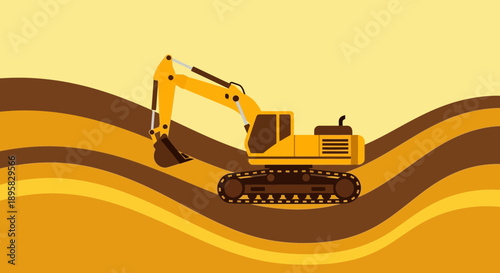 Excavator Machine Digging Through Earth Layers Abstract Construction Scene