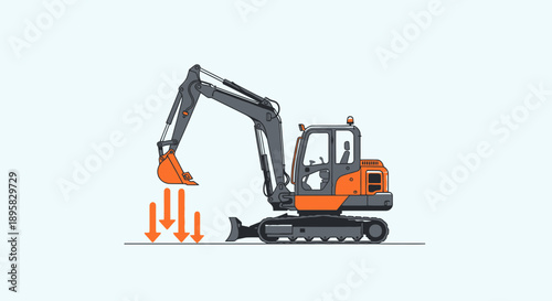 Excavator Machine Working On Construction Site With Downward Arrows