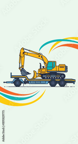 Excavator Machinery Transported On Flatbed Trailer Illustration