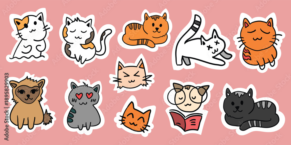 Fototapeta premium A collection of cute cat stickers featuring cats in various colors and expressive facial expressions. This vector illustration set is perfect for stickers, planners, scrapbooking, social media content