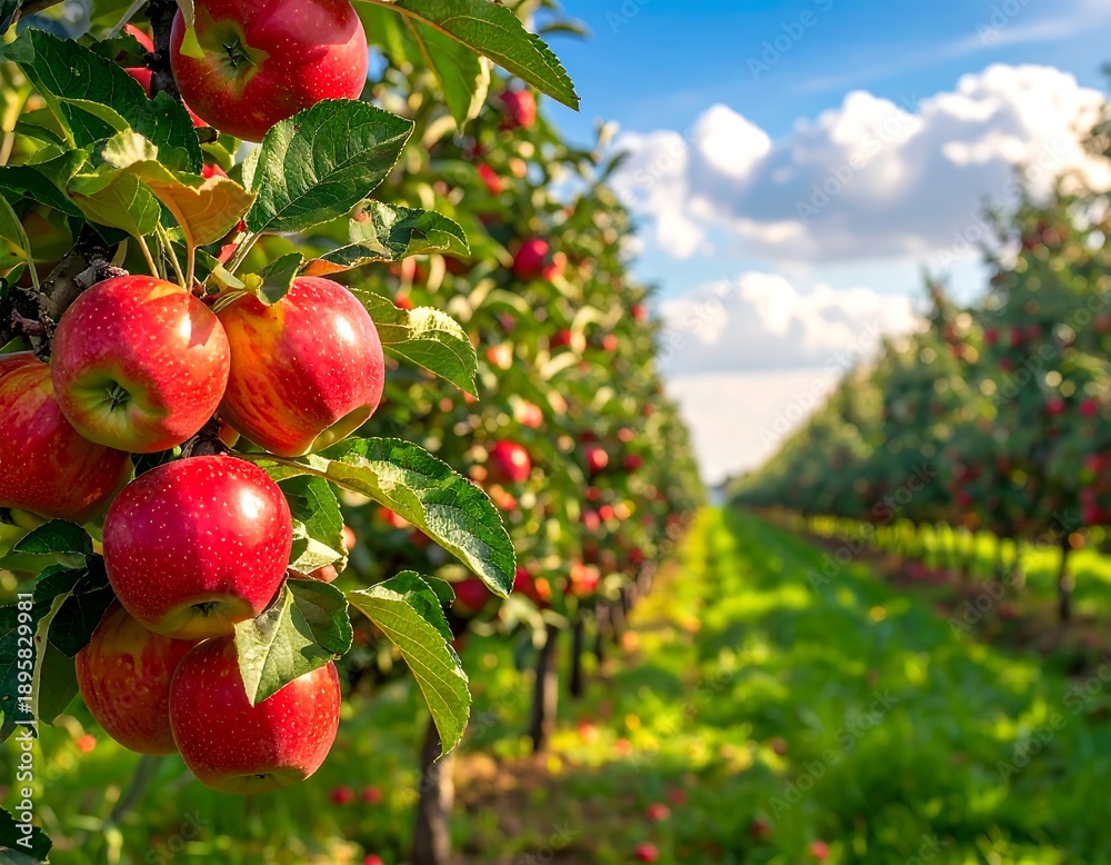 Fototapeta premium A lush orchard with ripe apples hanging from trees under a blue sky