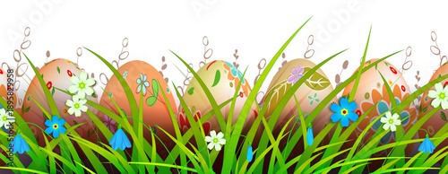 Happy Easter. Arrangement of orange Easter eggs on grass with flowers.