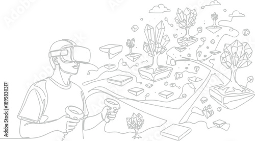 Man experiencing virtual reality with crystals and plants