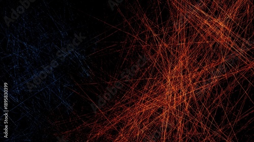 Deep space blue/black background, paired with fiery orange, rose red linear l...