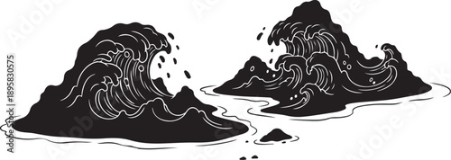 Black and white illustration of ocean waves crashing mountains