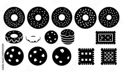 Donut and cookie silhouette vector collection solid black bakery and cafe icons isolated on transparent background