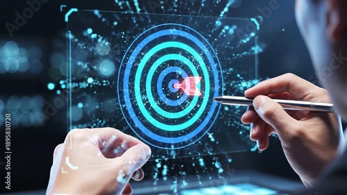 Human Hands Using Digital Style On Futuristic Holographic Target Interface Showing Accuracy, Innovation And Business Success In 4k 