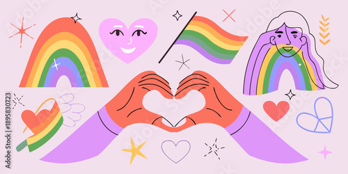 Colorful illustration celebrating pride with rainbows hands and loving heart motifs