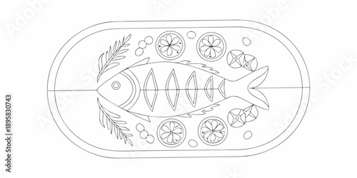 A detailed line drawing of a fish on a platter with citrus slices