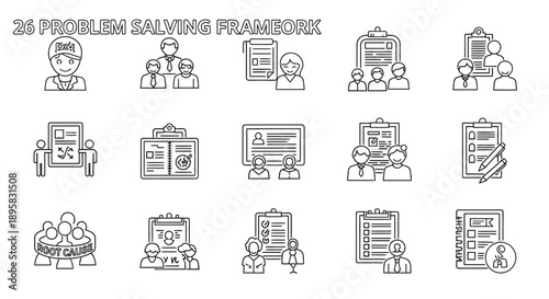Extensive line art icons depicting a 26-step problem-solving framework, including team collaboration, root cause analysis, and strategic planning, on an isolated white background.