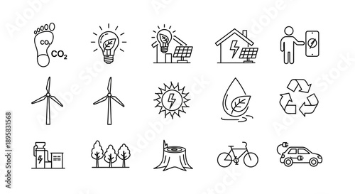 Varied line art icons representing renewable energy, smart home technology, and green transportation, emphasizing sustainable living, on an isolated white background.