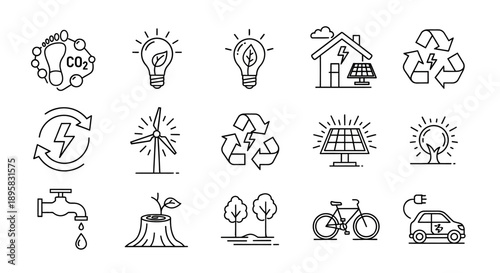 Comprehensive line art icons for carbon footprint, renewable energy, and eco-friendly transportation and smart home concepts on an isolated white background.
