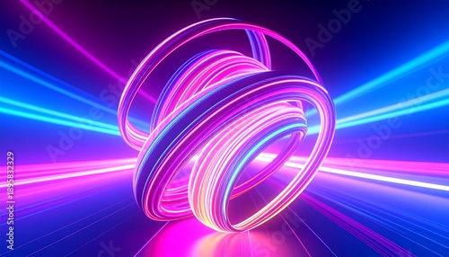 3d render, colorful background with abstract shape glowing in ultraviolet spectrum, curvy neon lines. Futuristic energy concept
