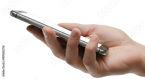 PNG image ofHand holding a silver smartphone with a transparent background, use for app promotion or mobile advertising mockups.