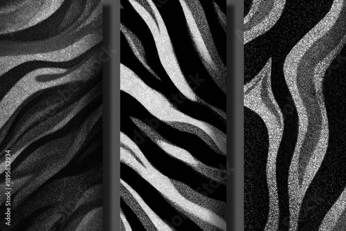Three vertical panels showcasing abstract patterns reminiscent of zebra stripes, in grayscale