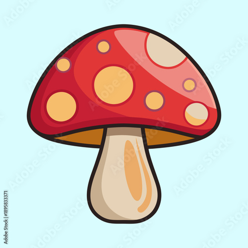 Cartoon Amanita Mushroom with Red Cap and Yellow Spots on Blue Background