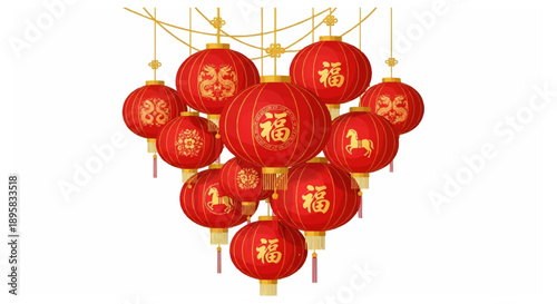 Vibrant red chinese lanterns with golden accents and tassels hanging from strings on white background symbolizing good fortune and prosperity in festive settings