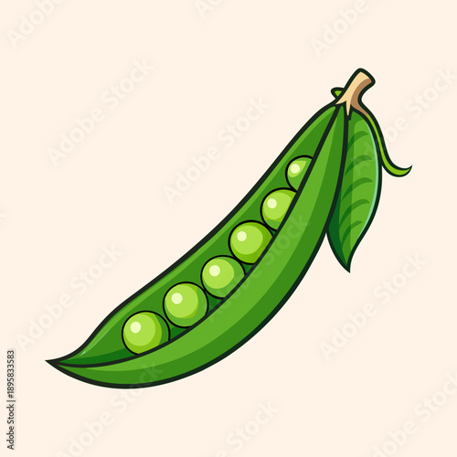 Cartoon image of a vibrant green pea pod with six peas inside