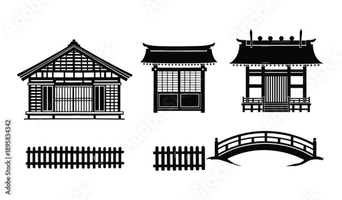 Collection of Japanese architectural elements and fences in silhouette Japanese architecture temple