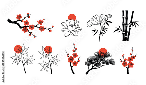 Collection of Japanese nature motifs including plum blossom lotus bamboo maple pine and sun in black and red on white background Keywords: plum blossom, lotus, bamboo, maple, pine, sun, flower