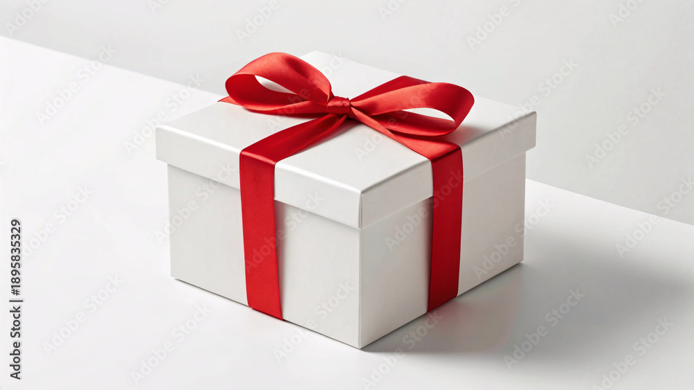 Obraz premium An elegant, plain white gift box tied with a classic, bright red satin ribbon and bow, on a white surface.