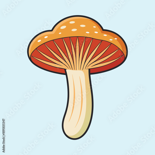 Whimsical orange mushroom with white spots on light blue background illustration