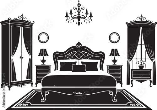 Elegant Black Silhouette Bedroom with Ornate Furniture and Chandelier