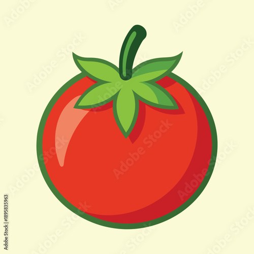 Vector illustration of a juicy, ripe, cartoon style tomato with leaves